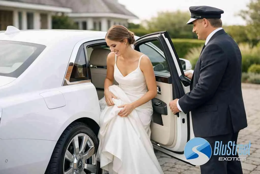 What couples should keep in mind about seating, dress movement, and quick photo moments — BluStreet Hamptons Exotic Car
